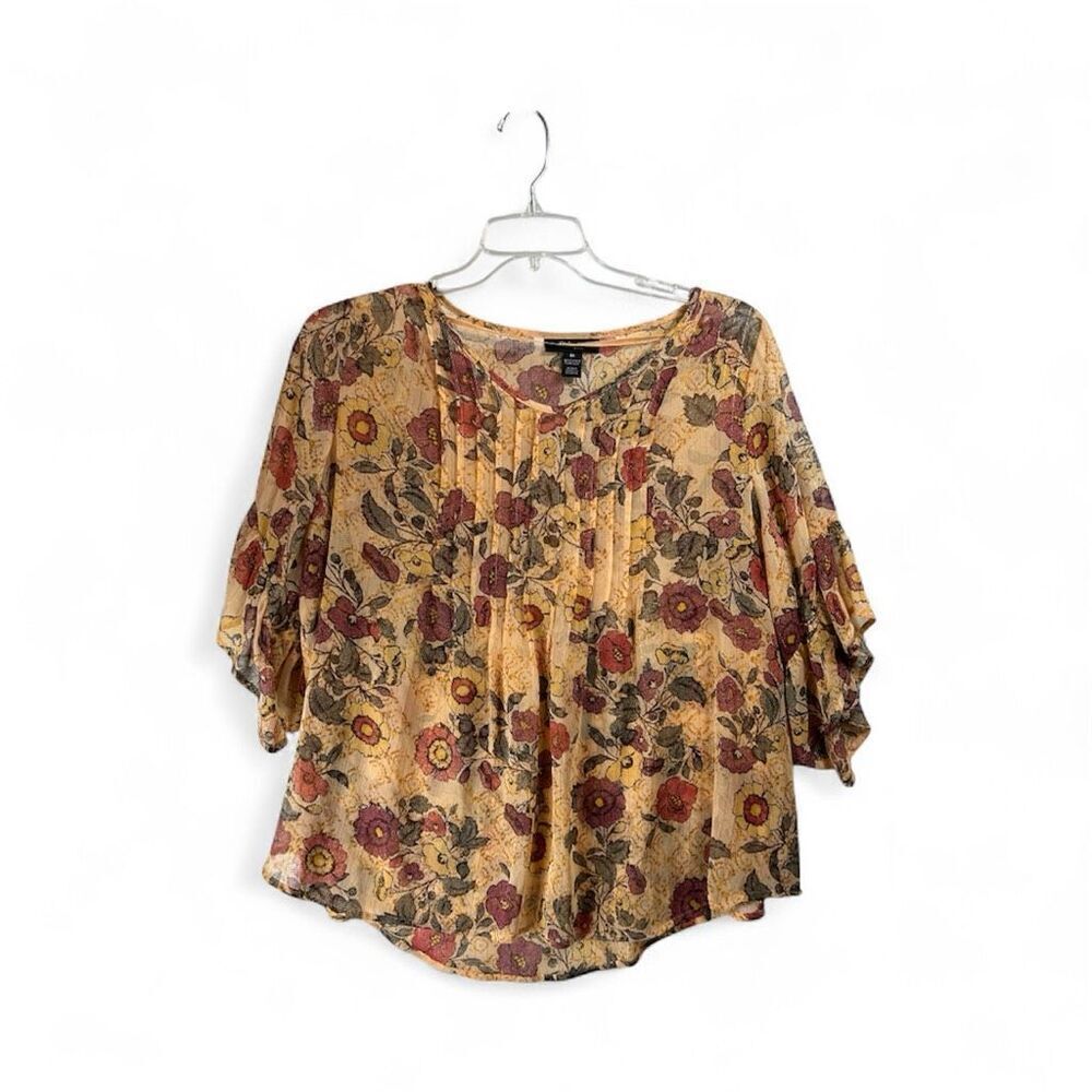 Style & Co Floral Boho Peasant Blouse 1X | Sheer Ruffle Sleeve Fall Top Metallic